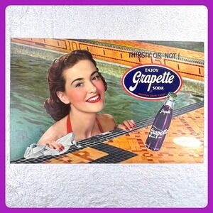 1940s Grapette Soda Vintage Advertising Sign 31.5" Cardboard Pool Girl